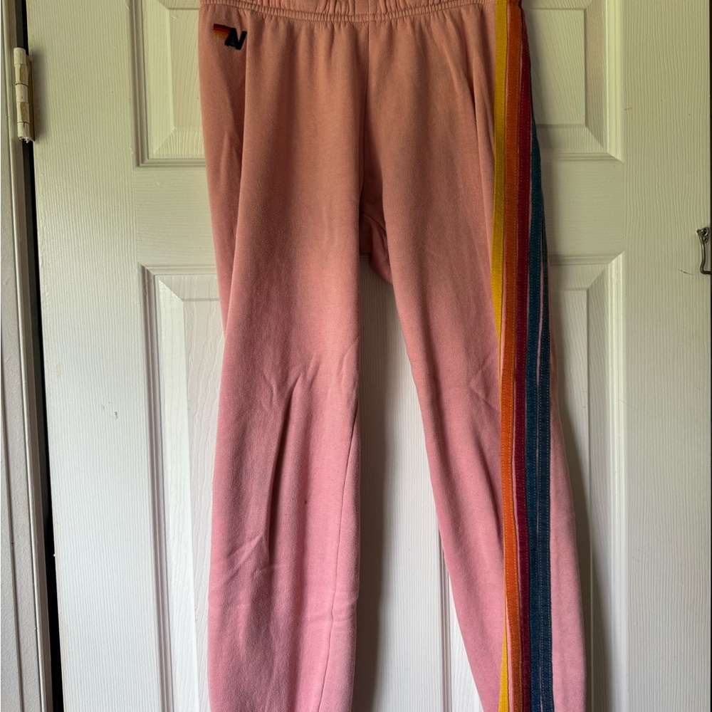 Aviator Nation Pink Sweatpants with Rainbow Stripes